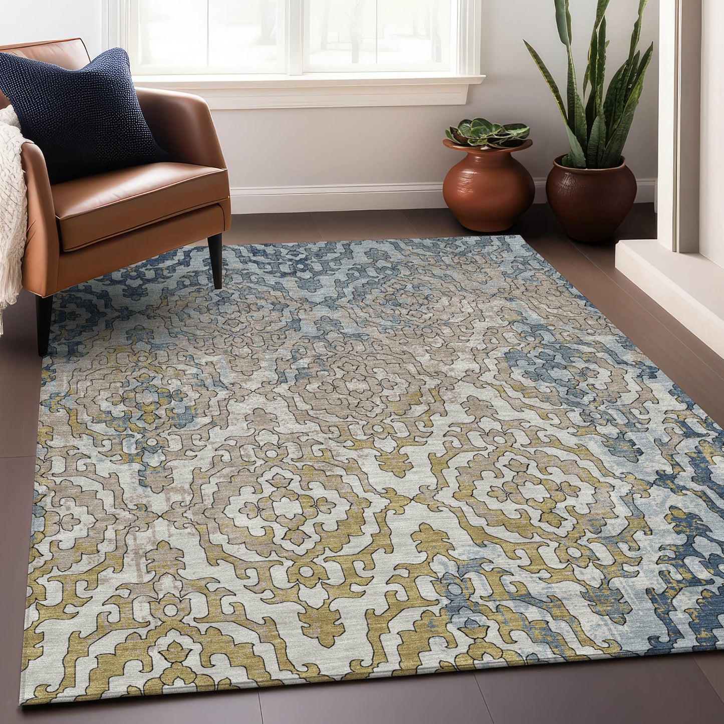 Tabselect Home Line 5' X 8' Sky Blue And Denim Blue Medallion Washable Indoor Outdoor Area Rug