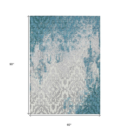 Tabselect Home Line 5' X 8' Teal Blue Gray And Ivory Medallion Washable Indoor Outdoor Area Rug