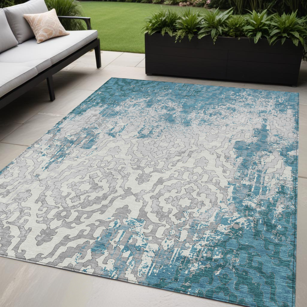 Tabselect Home Line 5' X 8' Teal Blue Gray And Ivory Medallion Washable Indoor Outdoor Area Rug