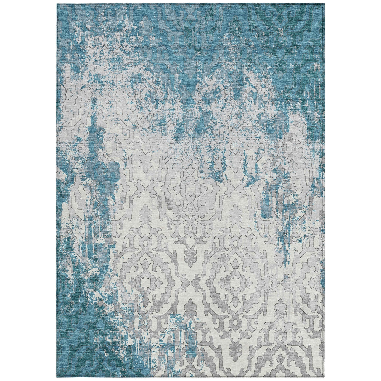 Tabselect Home Line 5' X 8' Teal Blue Gray And Ivory Medallion Washable Indoor Outdoor Area Rug