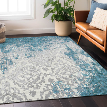 Tabselect Home Line 5' X 8' Teal Blue Gray And Ivory Medallion Washable Indoor Outdoor Area Rug