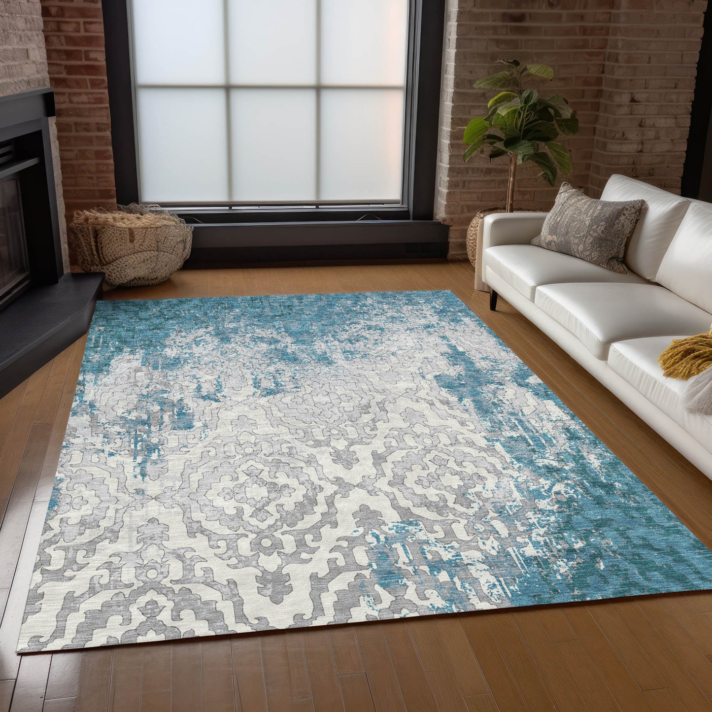 Tabselect Home Line 5' X 8' Teal Blue Gray And Ivory Medallion Washable Indoor Outdoor Area Rug