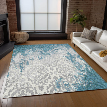 Tabselect Home Line 5' X 8' Teal Blue Gray And Ivory Medallion Washable Indoor Outdoor Area Rug