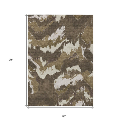 Tabselect Home Line 5' X 8' Brown Beige And Taupe Abstract Washable Indoor Outdoor Area Rug