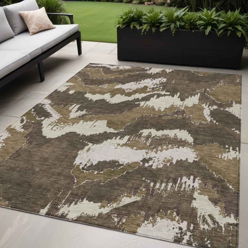Tabselect Home Line 5' X 8' Brown Beige And Taupe Abstract Washable Indoor Outdoor Area Rug