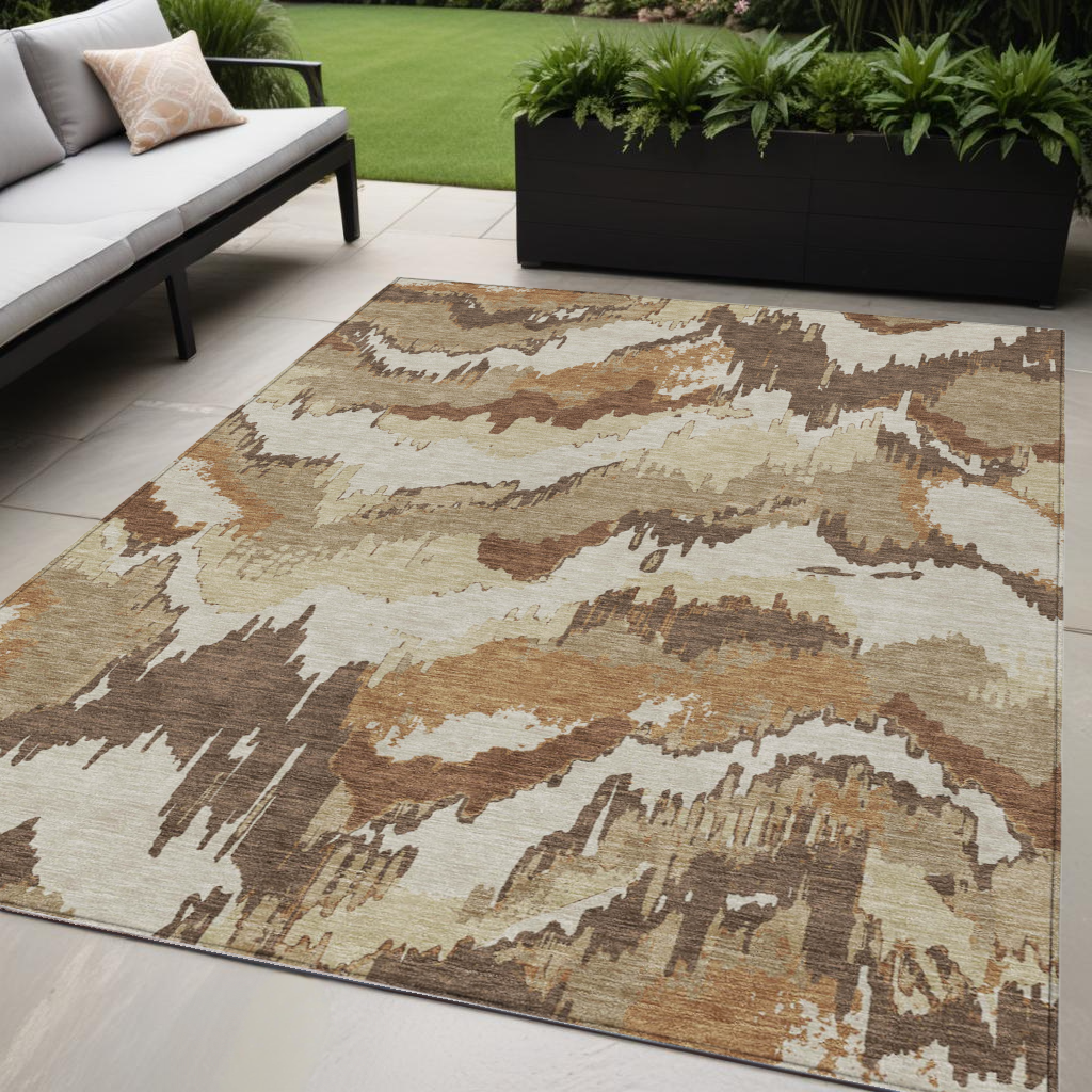 Tabselect Home Line 5' X 8' Brown And Beige Abstract Washable Indoor Outdoor Area Rug