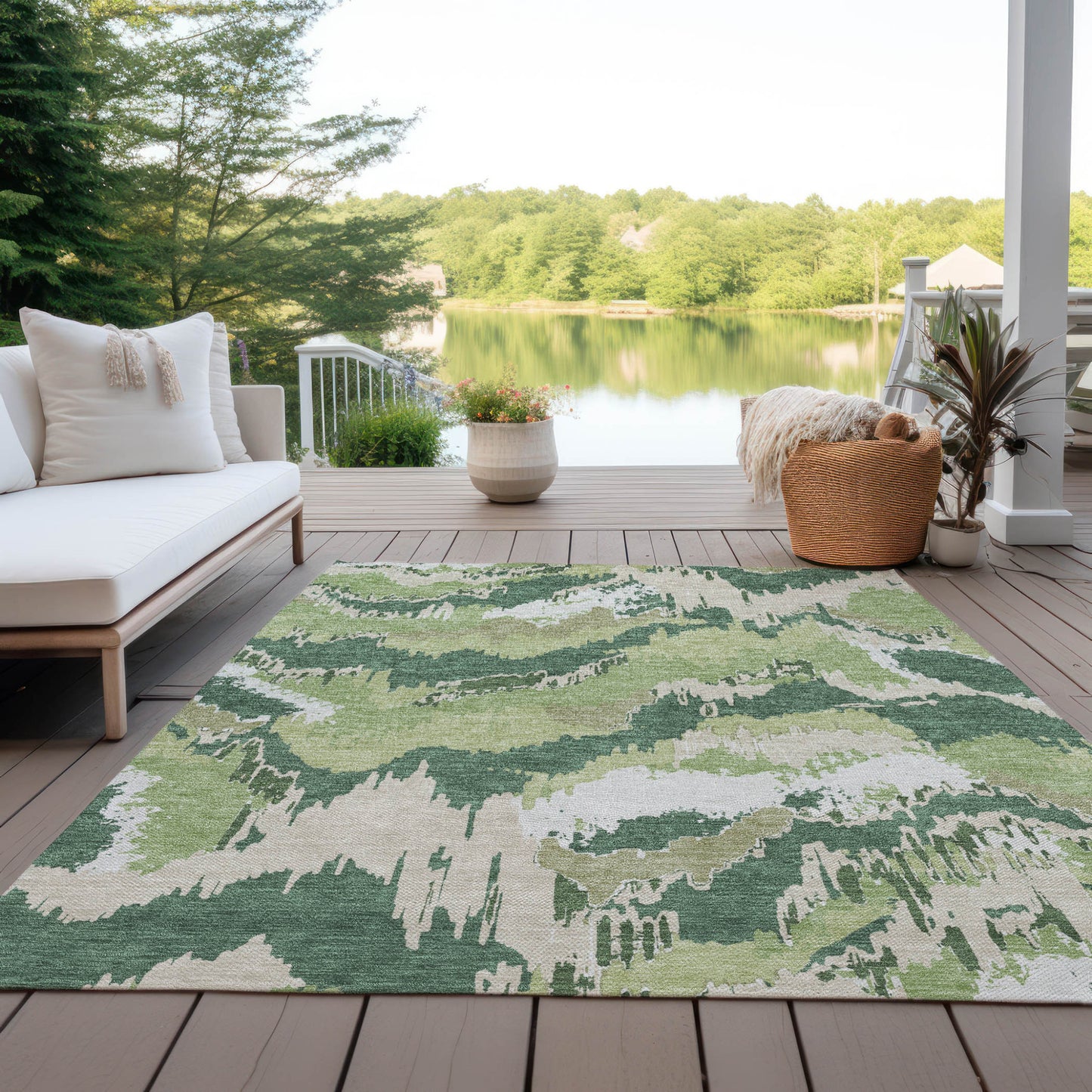 Tabselect Home Line 5' X 8' Green Ivory And Beige Abstract Washable Indoor Outdoor Area Rug