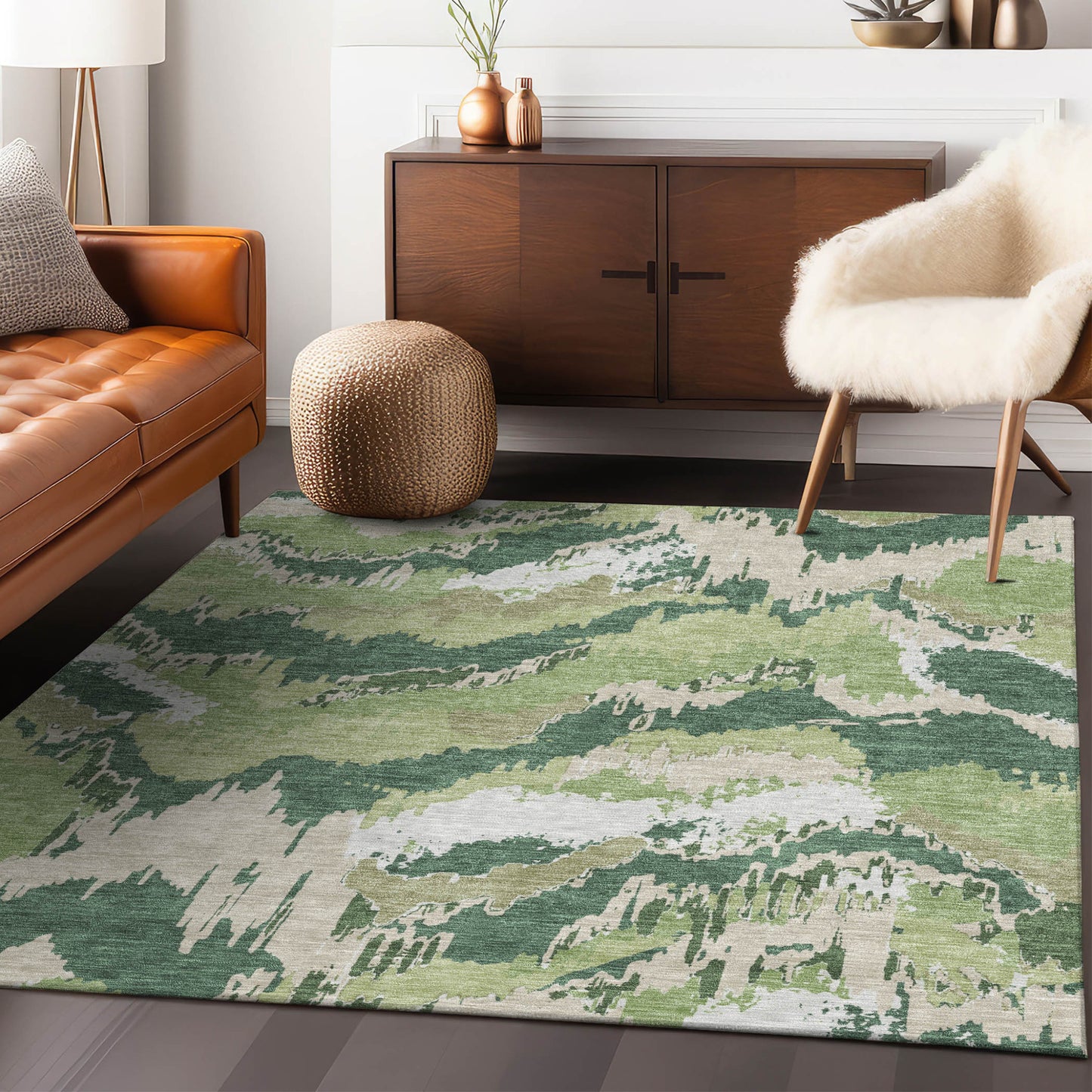 Tabselect Home Line 5' X 8' Green Ivory And Beige Abstract Washable Indoor Outdoor Area Rug