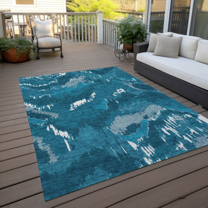 Tabselect Home Line 5' X 8' Navy Blue And Teal Blue Abstract Washable Indoor Outdoor Area Rug