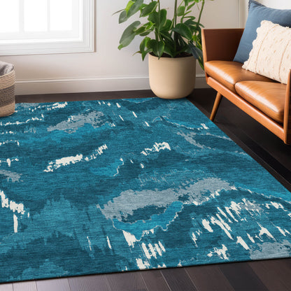 Tabselect Home Line 5' X 8' Navy Blue And Teal Blue Abstract Washable Indoor Outdoor Area Rug