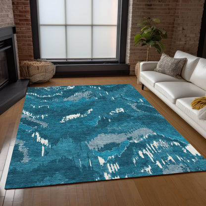 Tabselect Home Line 5' X 8' Navy Blue And Teal Blue Abstract Washable Indoor Outdoor Area Rug