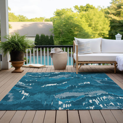 Tabselect Home Line 5' X 8' Navy Blue And Teal Blue Abstract Washable Indoor Outdoor Area Rug