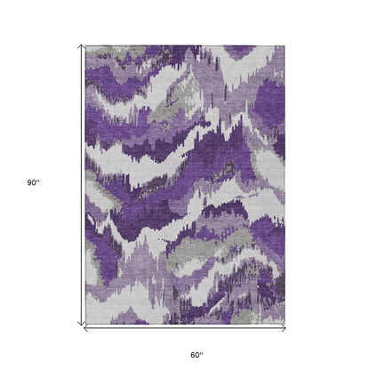 Tabselect Home Line 5' X 8' Purple Lavender And Gray Abstract Washable Indoor Outdoor Area Rug