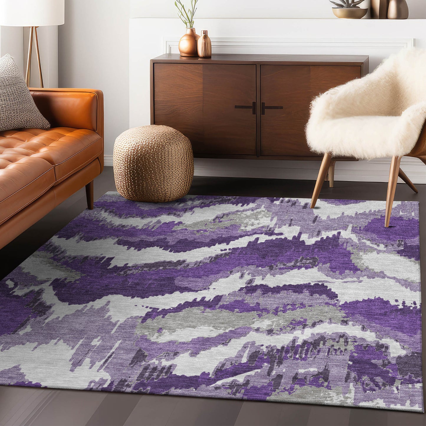 Tabselect Home Line 5' X 8' Purple Lavender And Gray Abstract Washable Indoor Outdoor Area Rug
