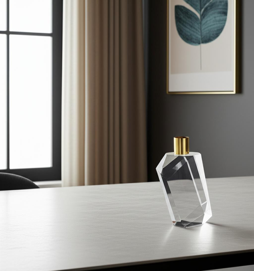 Tabselect Home Line 7" Clear And Gold Geo Faceted Crystal Tabletop Taper Candlestick