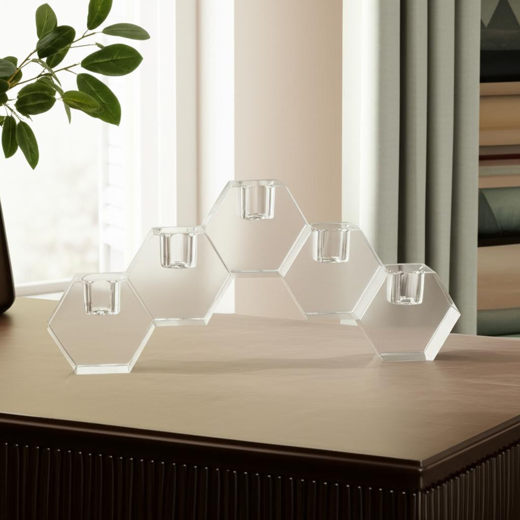 Tabselect Home Line 5" Clear Crystal Geometric Tabletop Candelabra Candle Holder