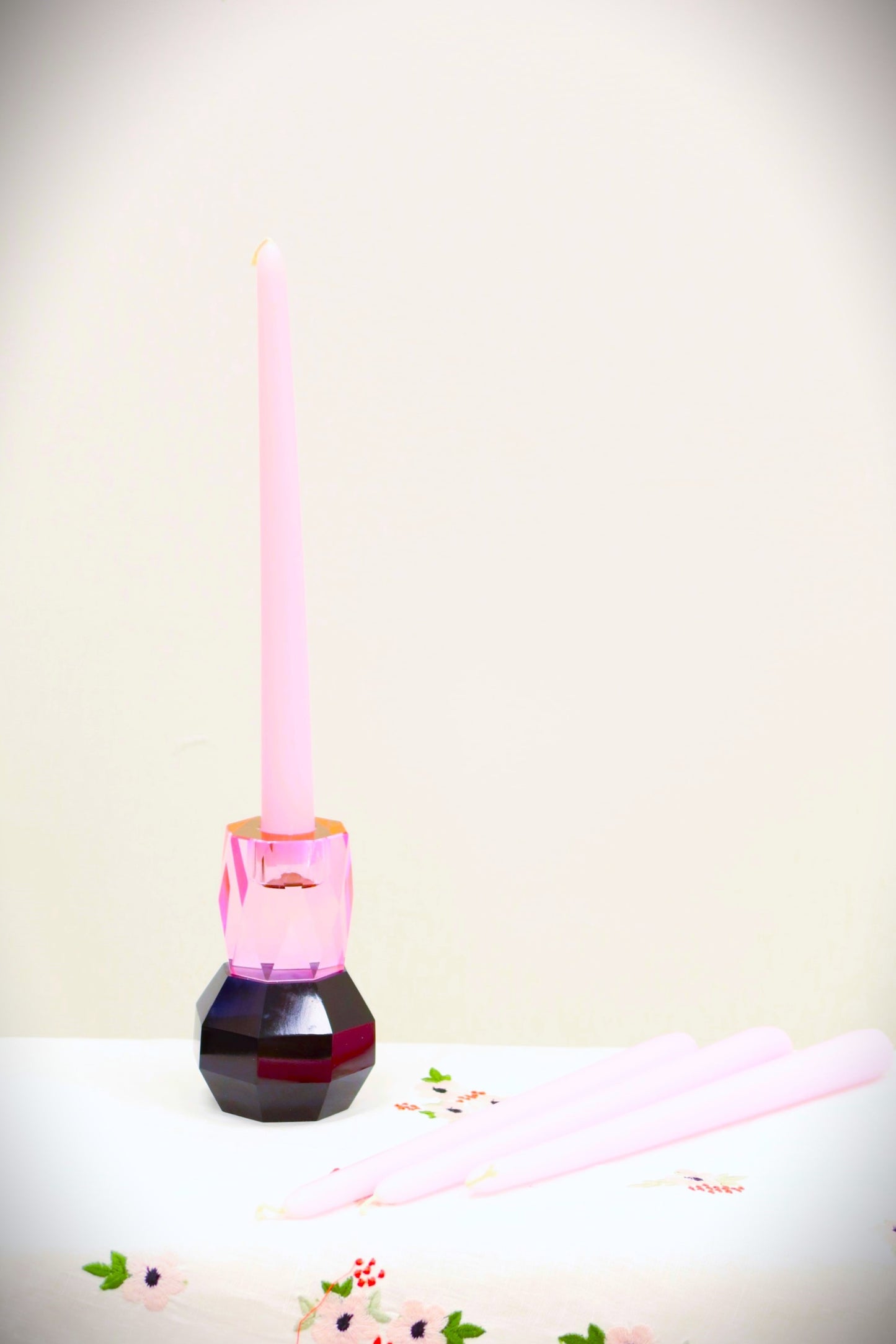 Tabselect Home Line 5" Pink And Black Faceted Crystal Tabletop Taper Candlestick