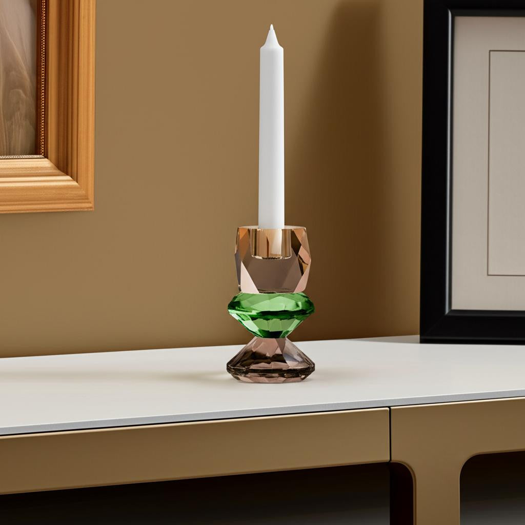 Tabselect Home Line 5" Amber Green And Smoky Black Faceted Crystal Tabletop Taper Candlestick