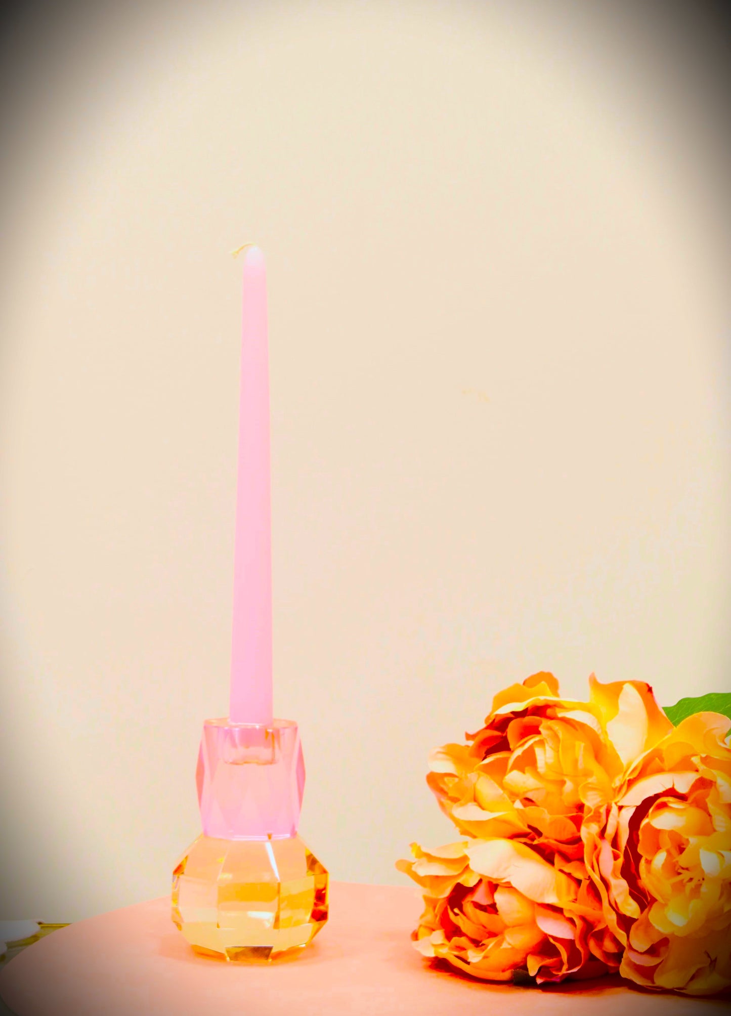 Tabselect Home Line 5" Pink And Clear Faceted Crystal Tabletop Taper Candlestick