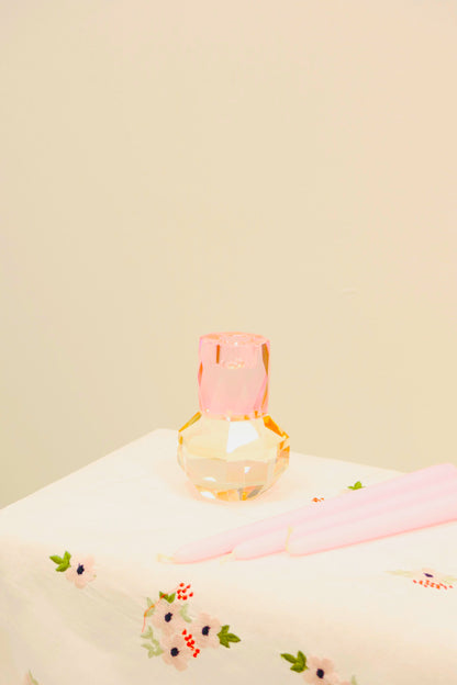 Tabselect Home Line 5" Pink And Clear Faceted Crystal Tabletop Taper Candlestick
