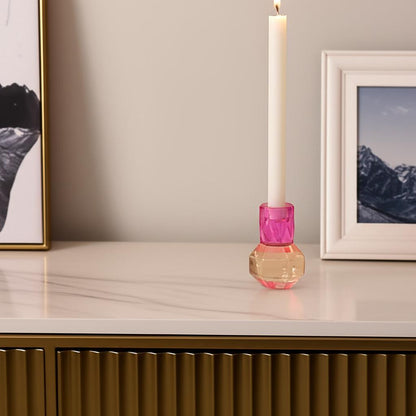 Tabselect Home Line 5" Pink And Clear Faceted Crystal Tabletop Taper Candlestick