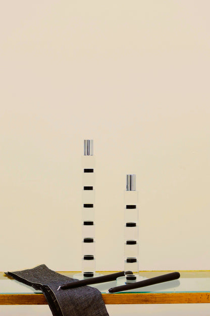 Tabselect Home Line 7" Silver Clear And Black Block And Cylinder Crystal Tabletop Taper Candlestick