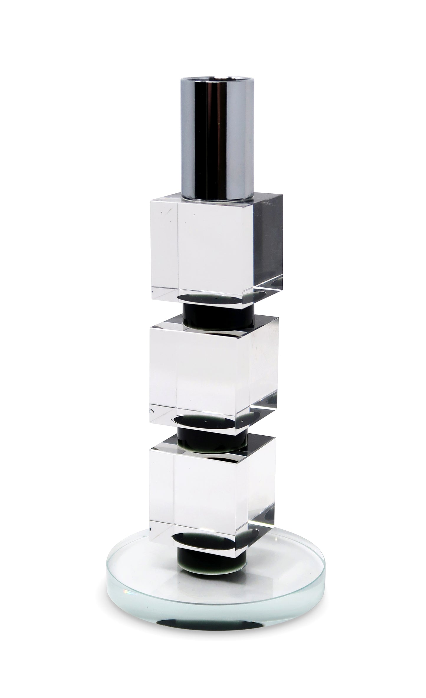 Tabselect Home Line 7" Silver Clear And Black Block And Cylinder Crystal Tabletop Taper Candlestick