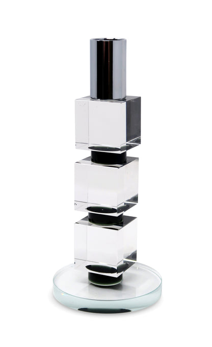Tabselect Home Line 7" Silver Clear And Black Block And Cylinder Crystal Tabletop Taper Candlestick