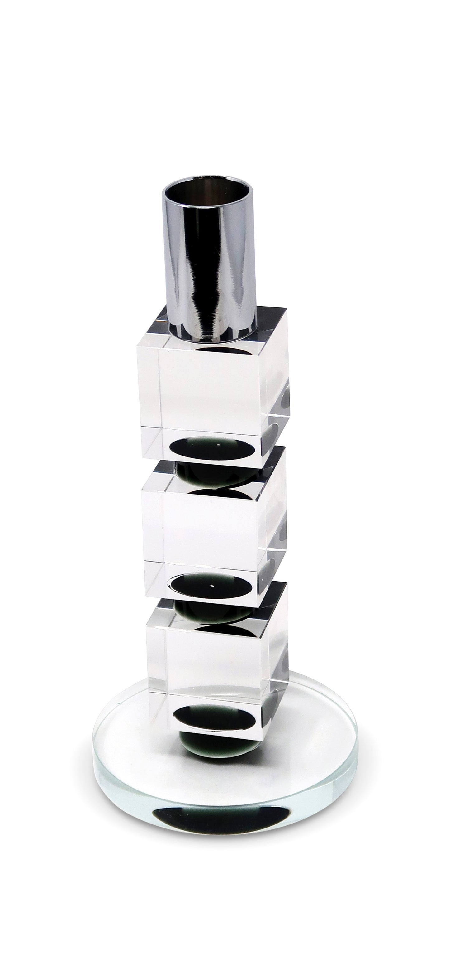 Tabselect Home Line 7" Silver Clear And Black Block And Cylinder Crystal Tabletop Taper Candlestick
