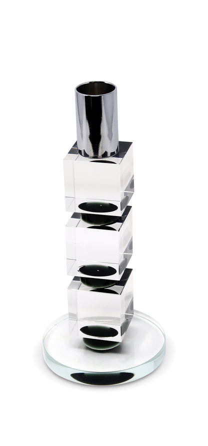Tabselect Home Line 7" Silver Clear And Black Block And Cylinder Crystal Tabletop Taper Candlestick