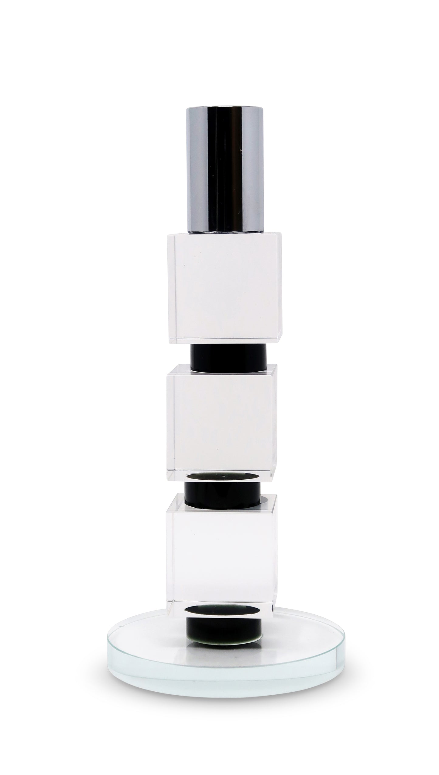 Tabselect Home Line 7" Silver Clear And Black Block And Cylinder Crystal Tabletop Taper Candlestick