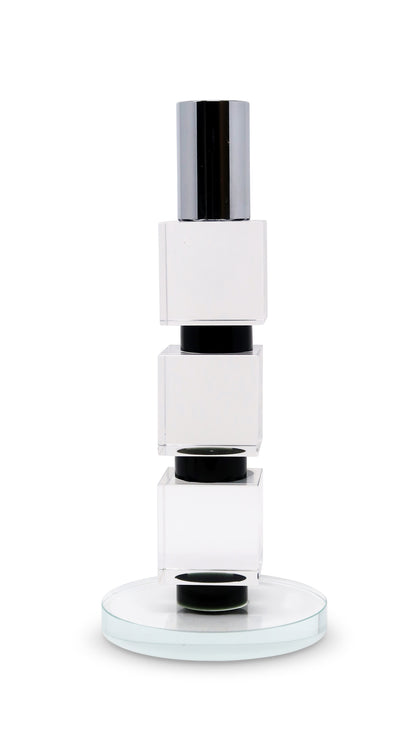 Tabselect Home Line 7" Silver Clear And Black Block And Cylinder Crystal Tabletop Taper Candlestick