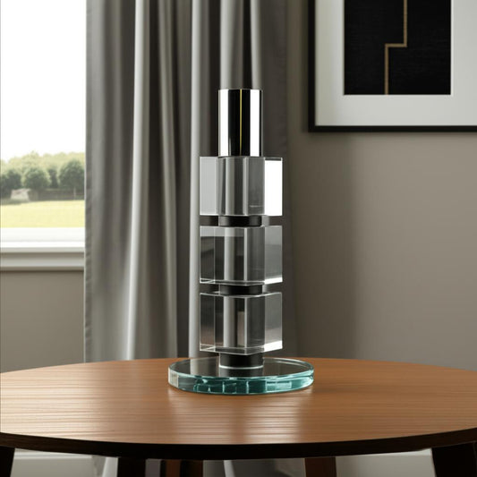 Tabselect Home Line 7" Silver Clear And Black Block And Cylinder Crystal Tabletop Taper Candlestick