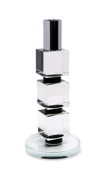 Tabselect Home Line 7" Silver Clear And Black Block And Cylinder Crystal Tabletop Taper Candlestick