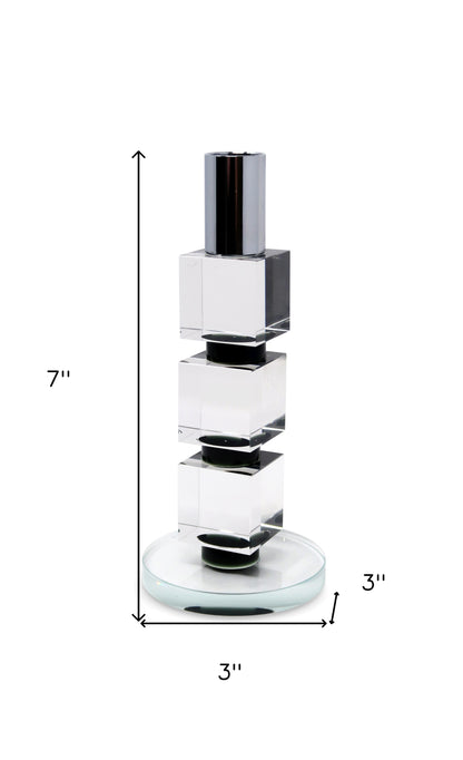 Tabselect Home Line 7" Silver Clear And Black Block And Cylinder Crystal Tabletop Taper Candlestick