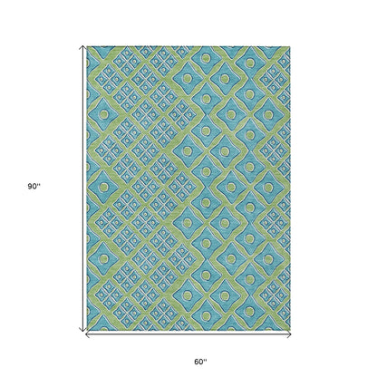 Tabselect Home Line 5' X 8' Artichoke Green And Aqua Geometric Washable Indoor Outdoor Area Rug