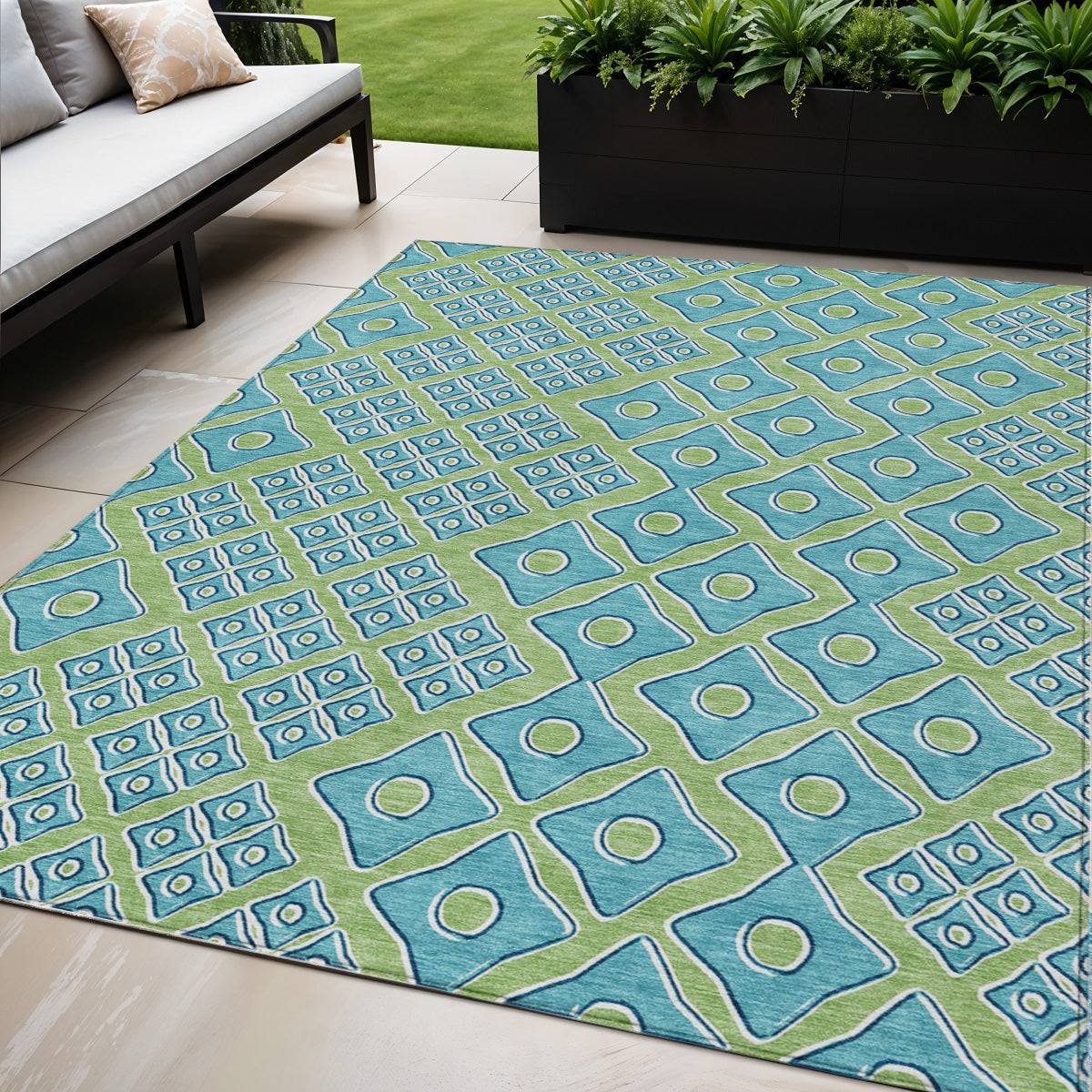 Tabselect Home Line 5' X 8' Artichoke Green And Aqua Geometric Washable Indoor Outdoor Area Rug
