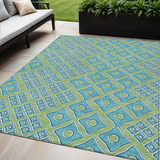 Tabselect Home Line 5' X 8' Artichoke Green And Aqua Geometric Washable Indoor Outdoor Area Rug