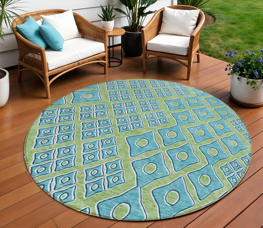 Tabselect Home Line 8' Artichoke Green And Aqua Round Geometric Washable Indoor Outdoor Area Rug