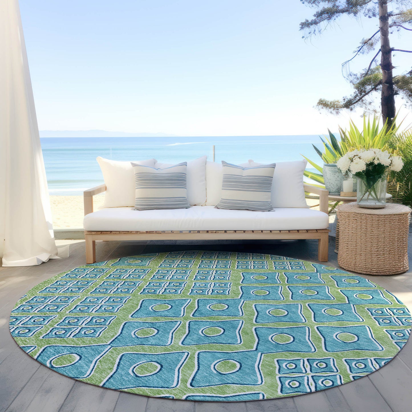 Tabselect Home Line 8' Artichoke Green And Aqua Round Geometric Washable Indoor Outdoor Area Rug