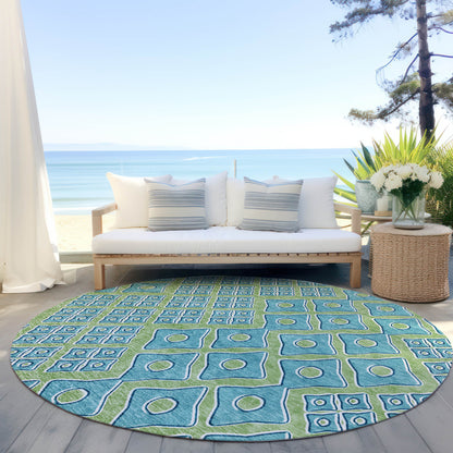 Tabselect Home Line 8' Artichoke Green And Aqua Round Geometric Washable Indoor Outdoor Area Rug