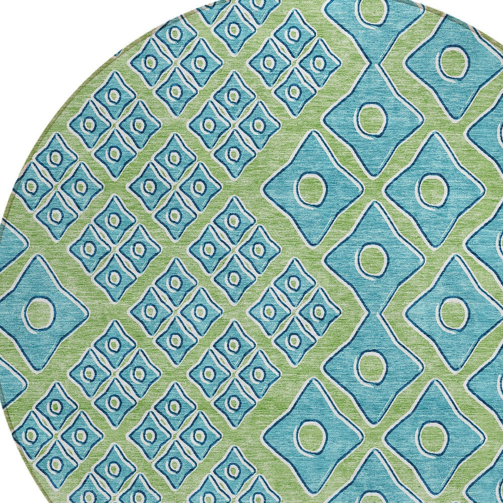 Tabselect Home Line 8' Artichoke Green And Aqua Round Geometric Washable Indoor Outdoor Area Rug