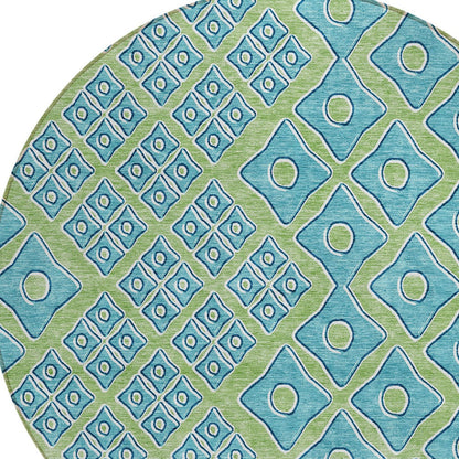 Tabselect Home Line 8' Artichoke Green And Aqua Round Geometric Washable Indoor Outdoor Area Rug