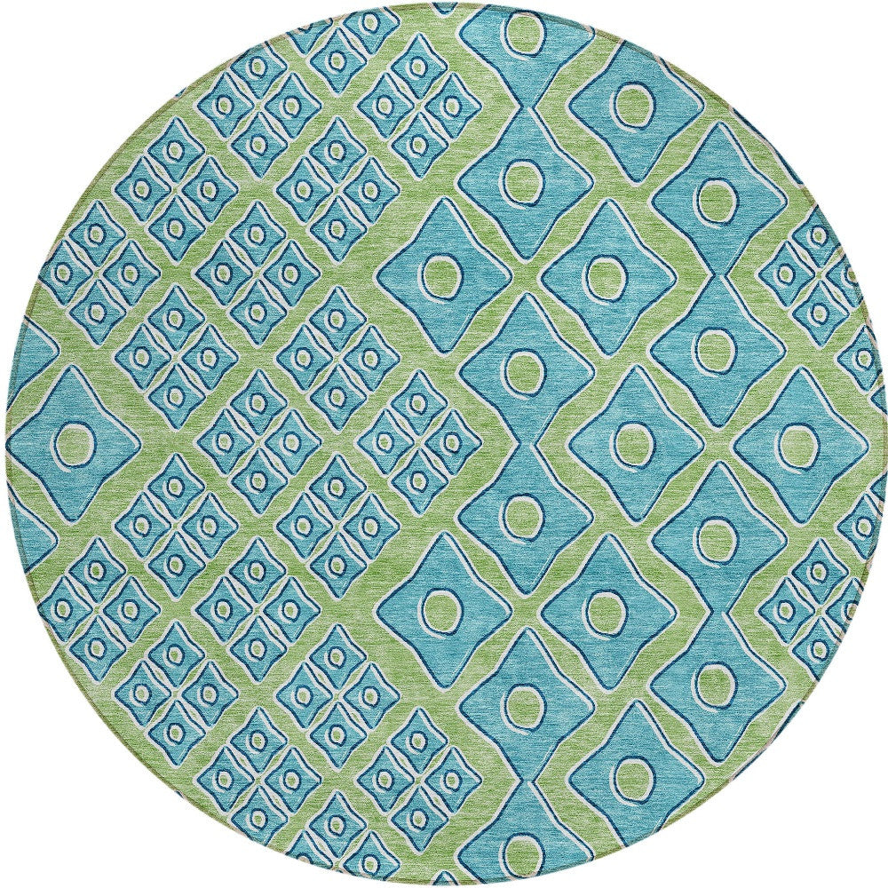 Tabselect Home Line 8' Artichoke Green And Aqua Round Geometric Washable Indoor Outdoor Area Rug