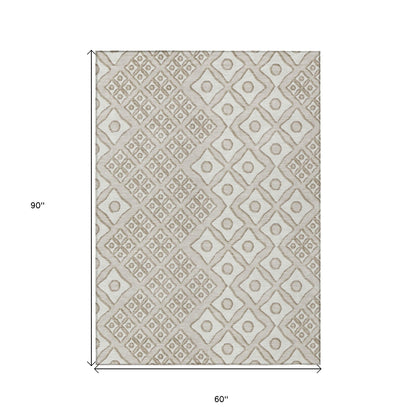 Tabselect Home Line 5' X 8' Beige And Ivory Geometric Washable Indoor Outdoor Area Rug
