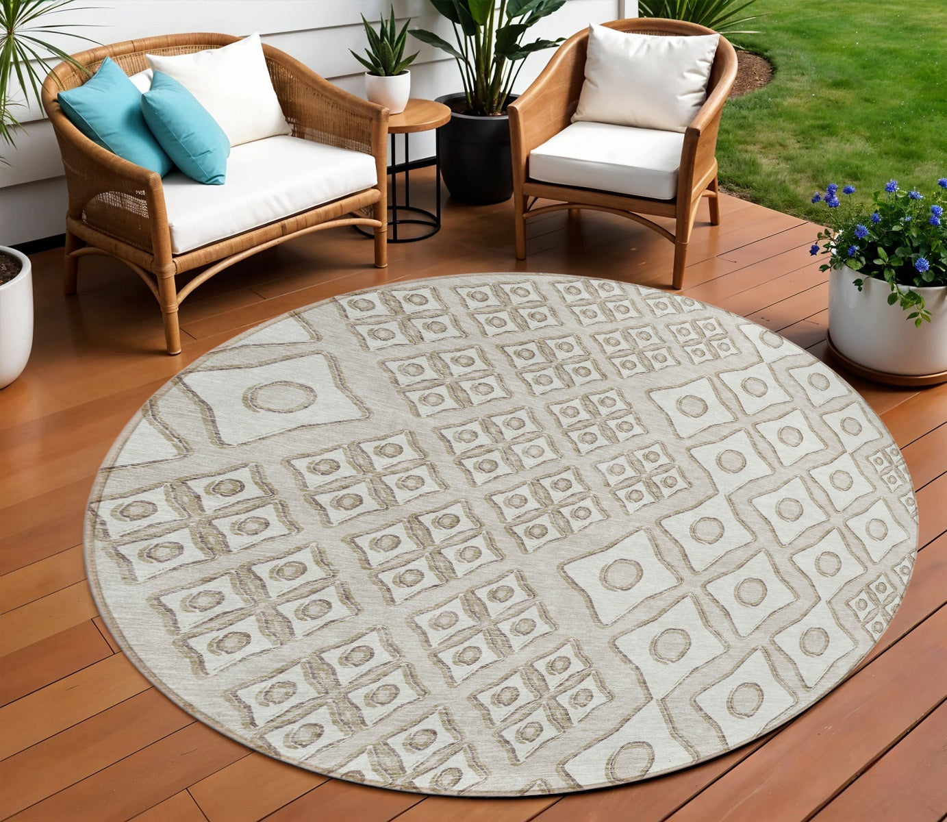 Tabselect Home Line 8' Beige And Ivory Round Geometric Washable Indoor Outdoor Area Rug