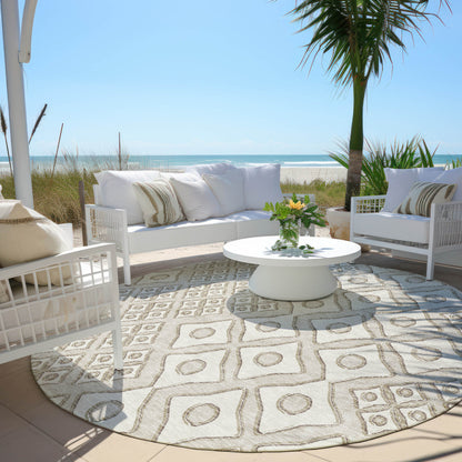 Tabselect Home Line 8' Beige And Ivory Round Geometric Washable Indoor Outdoor Area Rug