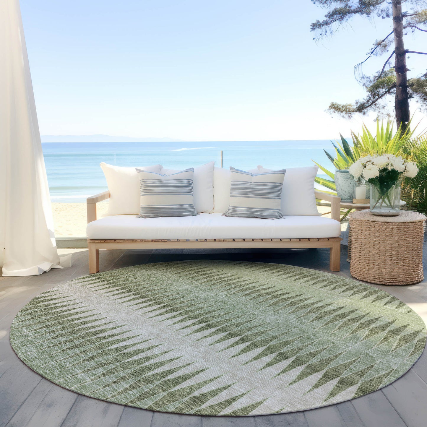 Tabselect Home Line 8' Artichoke Green And Light Green Round Striped Washable Indoor Outdoor Area Rug