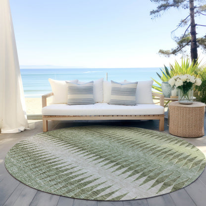Tabselect Home Line 8' Artichoke Green And Light Green Round Striped Washable Indoor Outdoor Area Rug