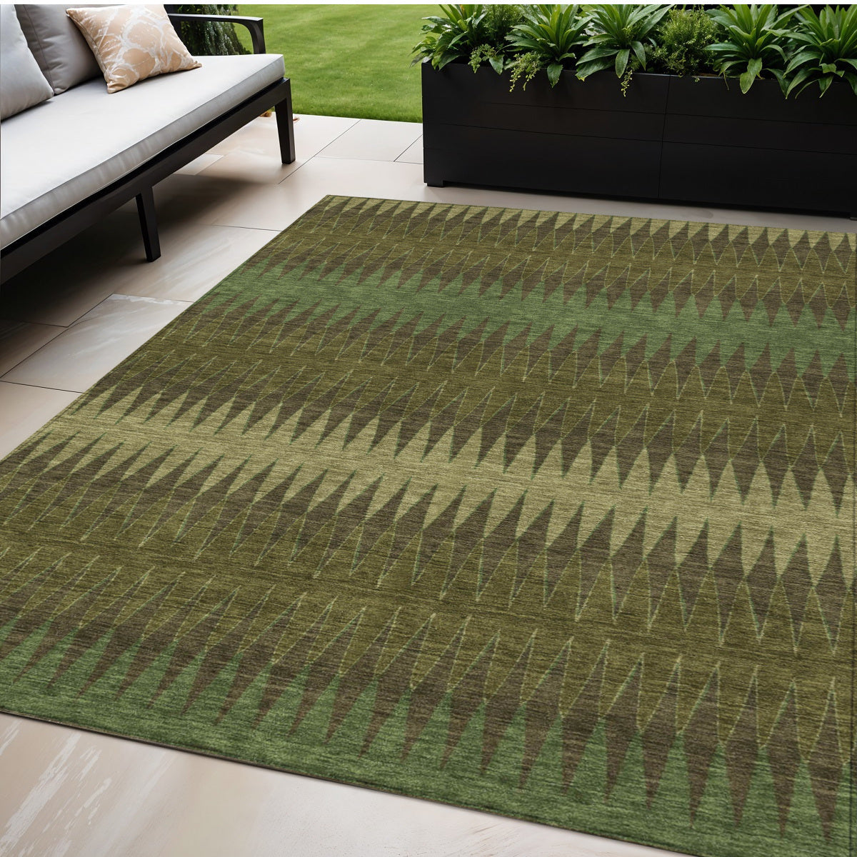 Tabselect Home Line 5' X 8' Olive Green And Dark Green Striped Washable Indoor Outdoor Area Rug